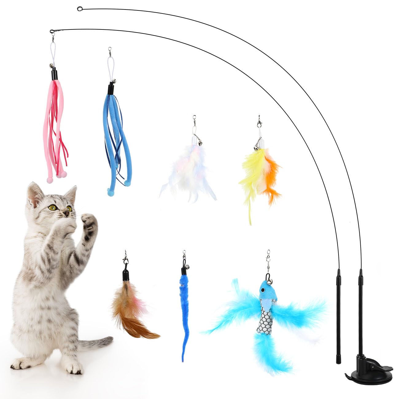 Pawaboo Cat Feather Toys, Interactive Wand with Suction Cup, 2 Spring Rods & 7 Teaser Refills