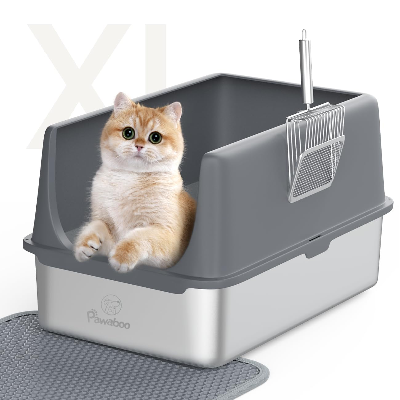 Pawaboo Stainless Steel Cat Litter Box with Lid, Large 24"x16"x13" High Sided Metal Litter Pan