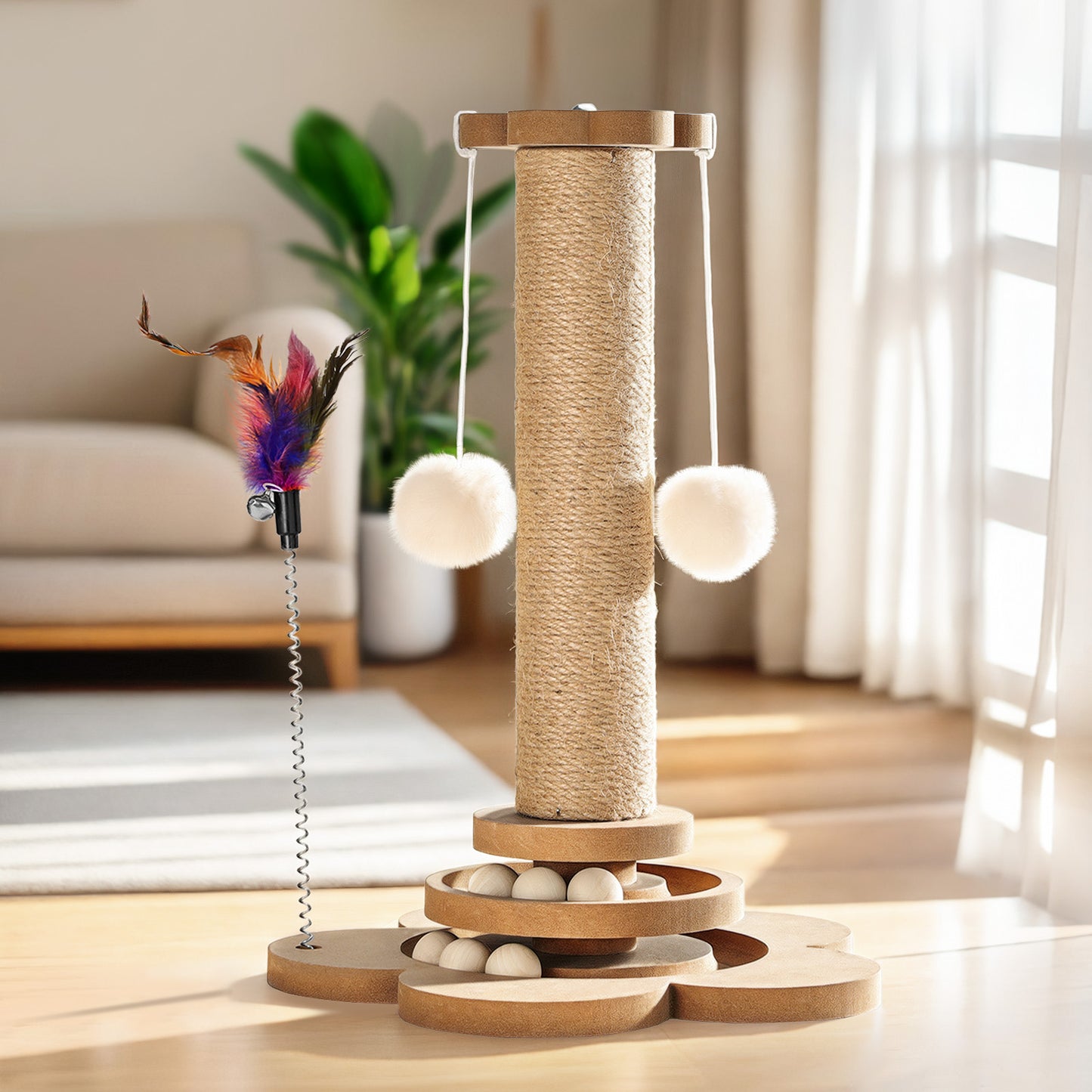 Pawaboo 4-in-1 Cat Scratching Post 9.45" – Sisal Scratch Tower with Hanging Ball & Track Balls