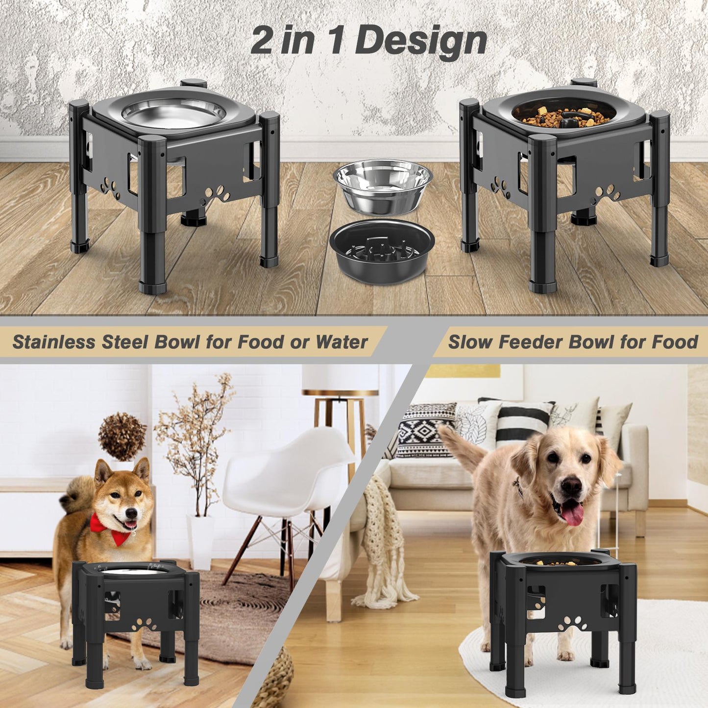 Elevated Slow Feeder Dog Bowls, Raised Dog Food Bowls with 3 Heights (6.1", 7.7", 9.3")