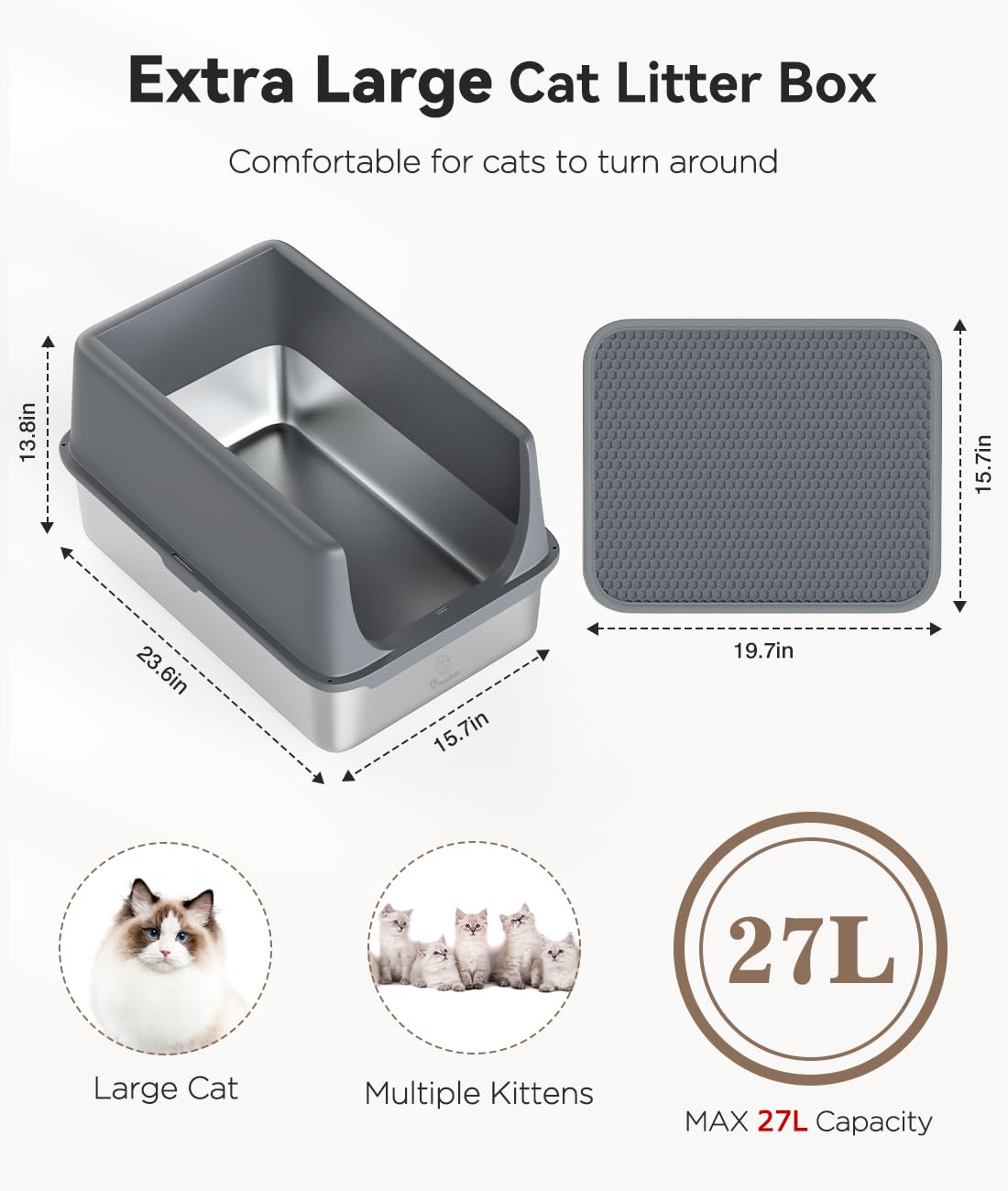 Pawaboo Stainless Steel Cat Litter Box with Lid, Large 24"x16"x13" High Sided Metal Litter Pan