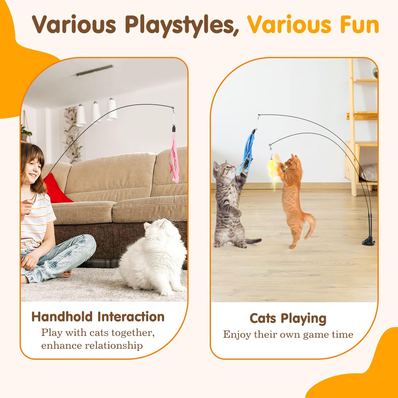 Pawaboo Cat Feather Toys, Interactive Wand with Suction Cup, 2 Spring Rods & 7 Teaser Refills