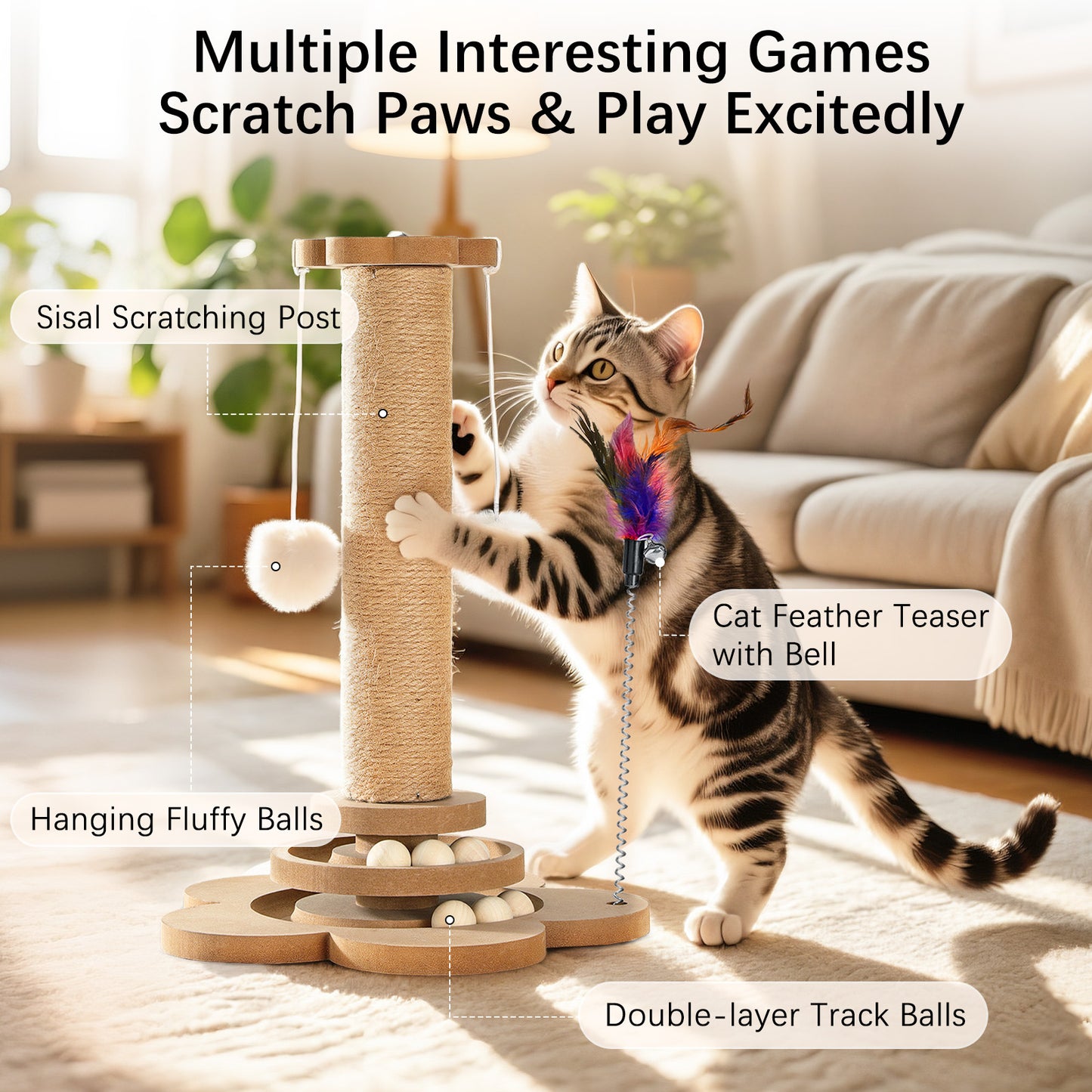 Pawaboo 4-in-1 Cat Scratching Post 9.45" – Sisal Scratch Tower with Hanging Ball & Track Balls