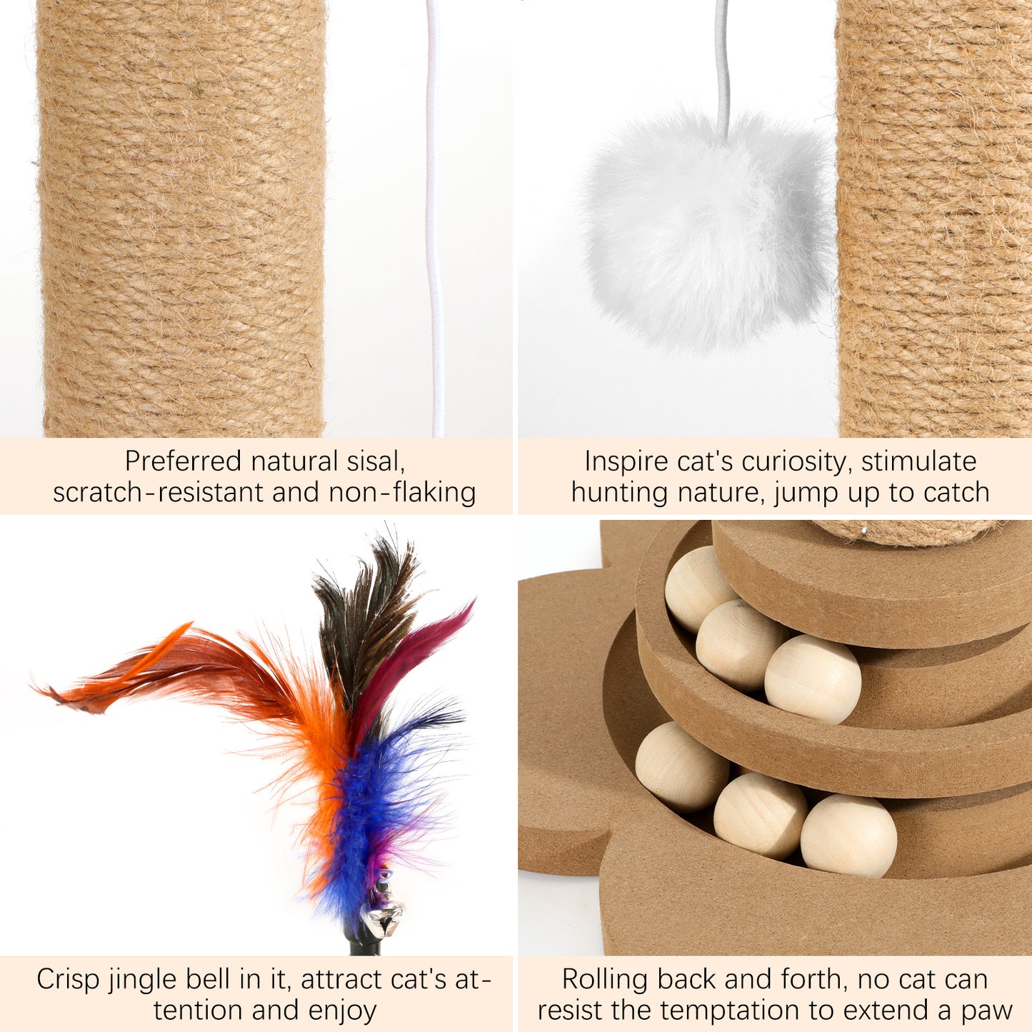 Pawaboo 4-in-1 Cat Scratching Post 9.45" – Sisal Scratch Tower with Hanging Ball & Track Balls