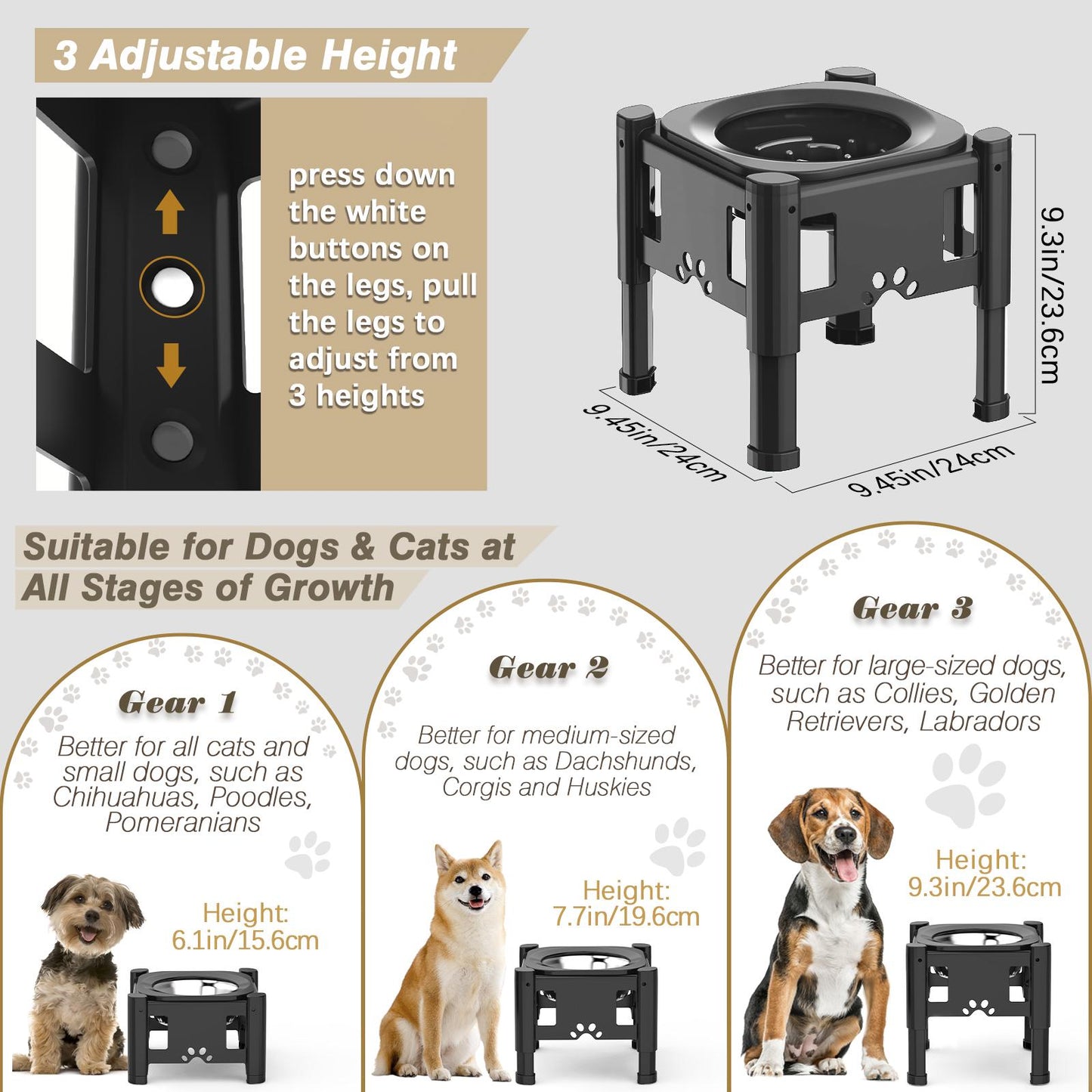 Elevated Slow Feeder Dog Bowls, Raised Dog Food Bowls with 3 Heights (6.1", 7.7", 9.3")