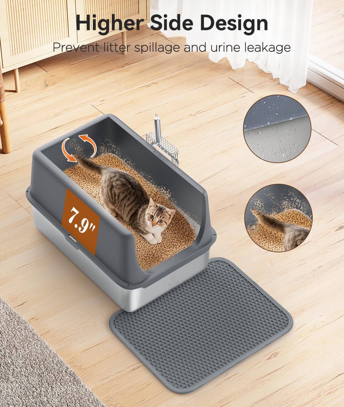 Pawaboo Stainless Steel Cat Litter Box with Lid, Large 24"x16"x13" High Sided Metal Litter Pan