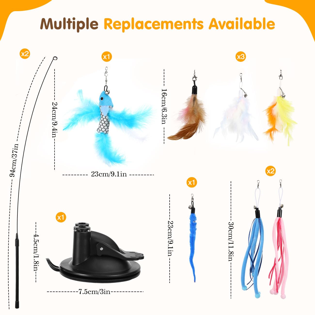 Pawaboo Cat Feather Toys, Interactive Wand with Suction Cup, 2 Spring Rods & 7 Teaser Refills