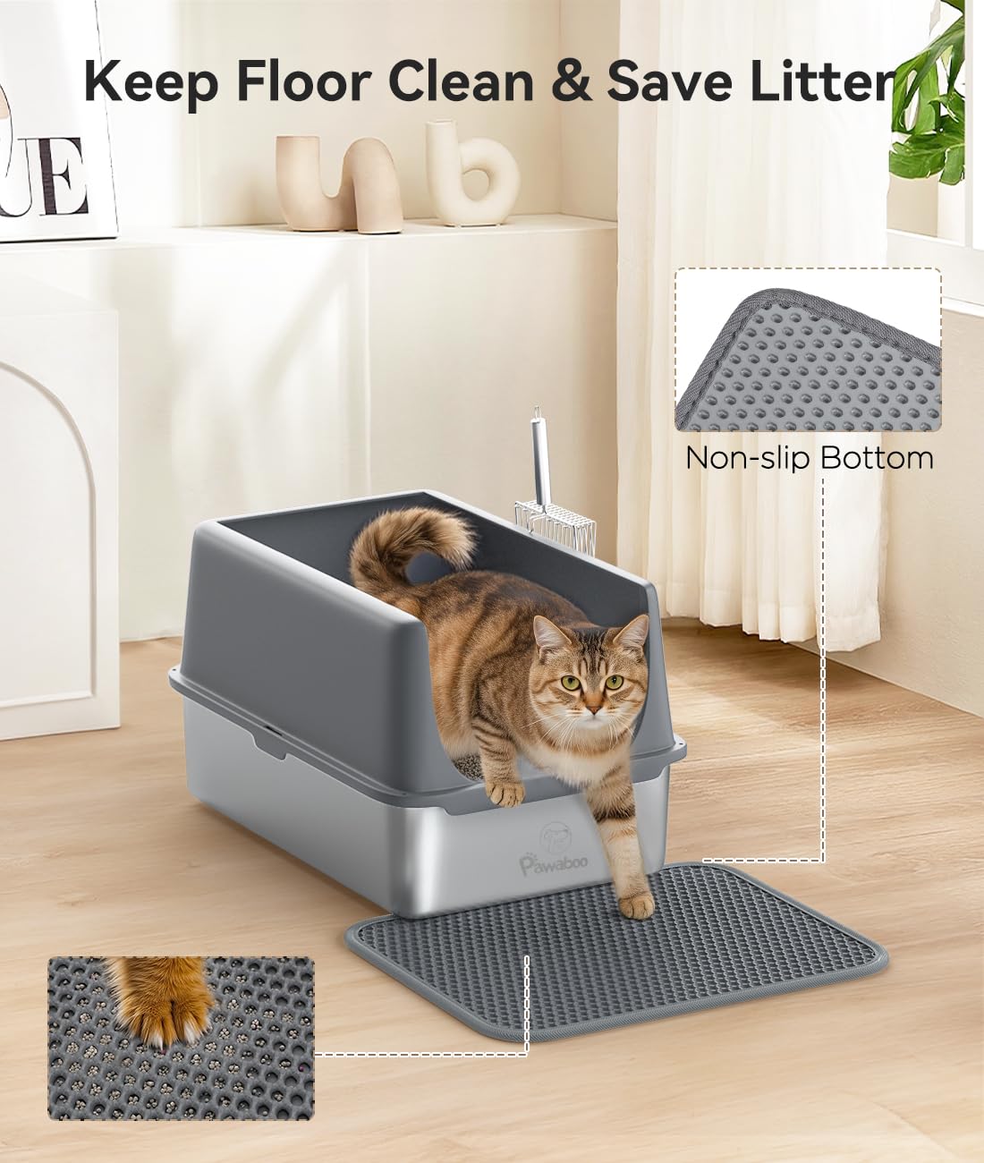 Pawaboo Stainless Steel Cat Litter Box with Lid, Large 24"x16"x13" High Sided Metal Litter Pan