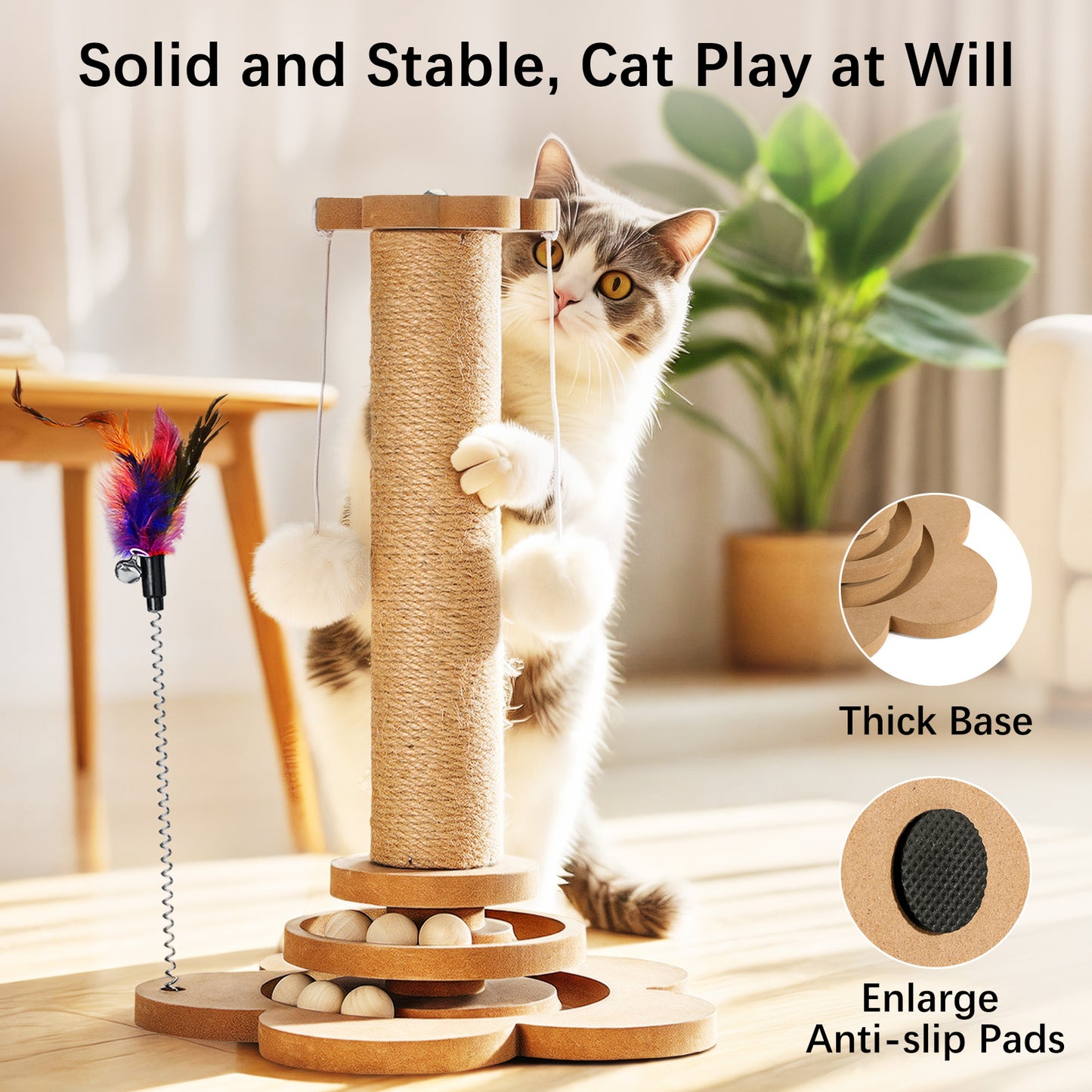 Pawaboo 4-in-1 Cat Scratching Post 9.45" – Sisal Scratch Tower with Hanging Ball & Track Balls