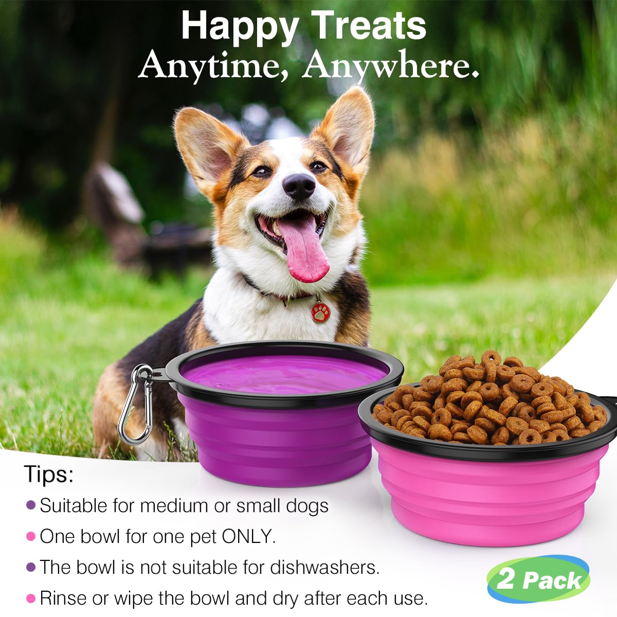 Pawaboo 2-Pack Collapsible Dog Bowls – Portable Silicone Food