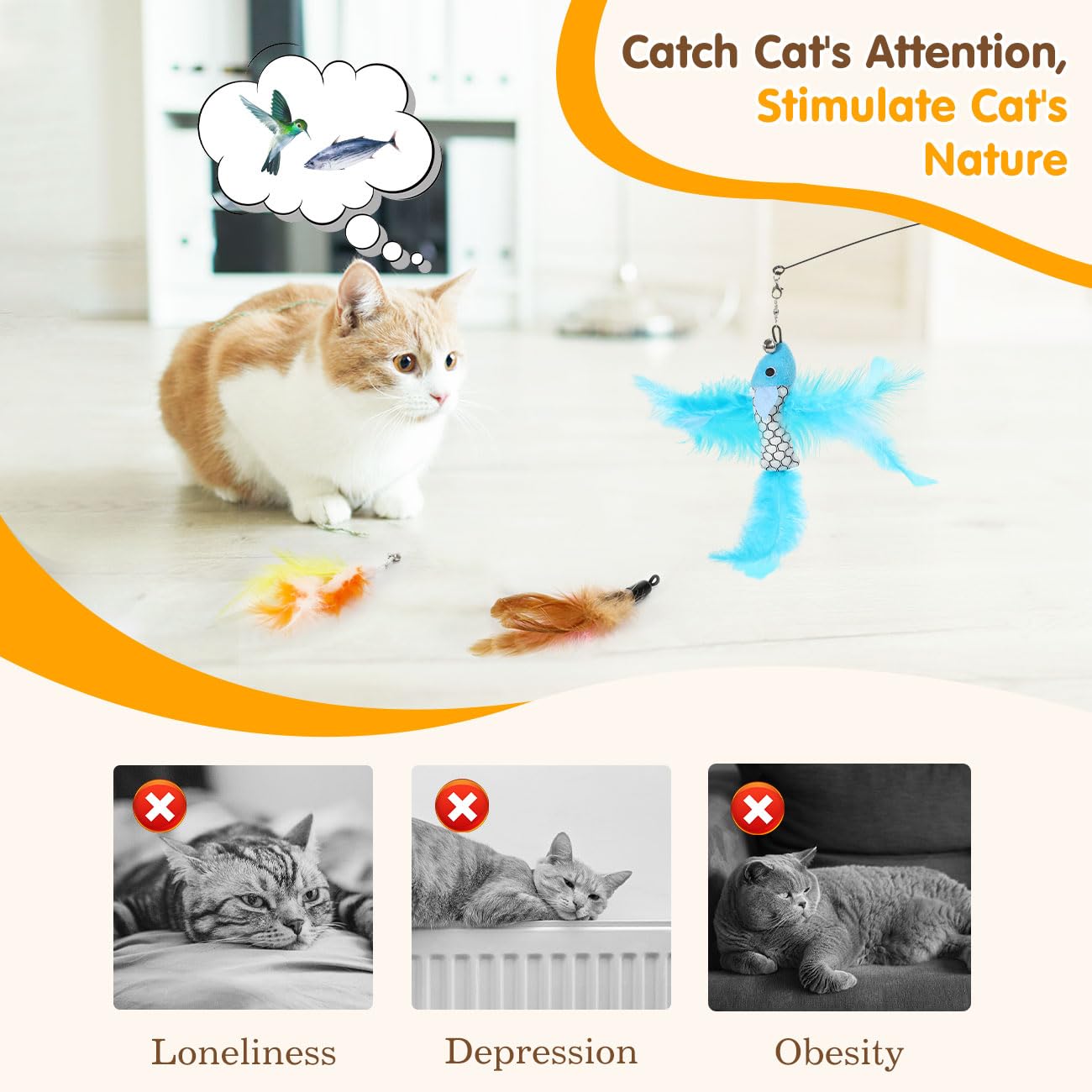 Pawaboo Cat Feather Toys, Interactive Wand with Suction Cup, 2 Spring Rods & 7 Teaser Refills