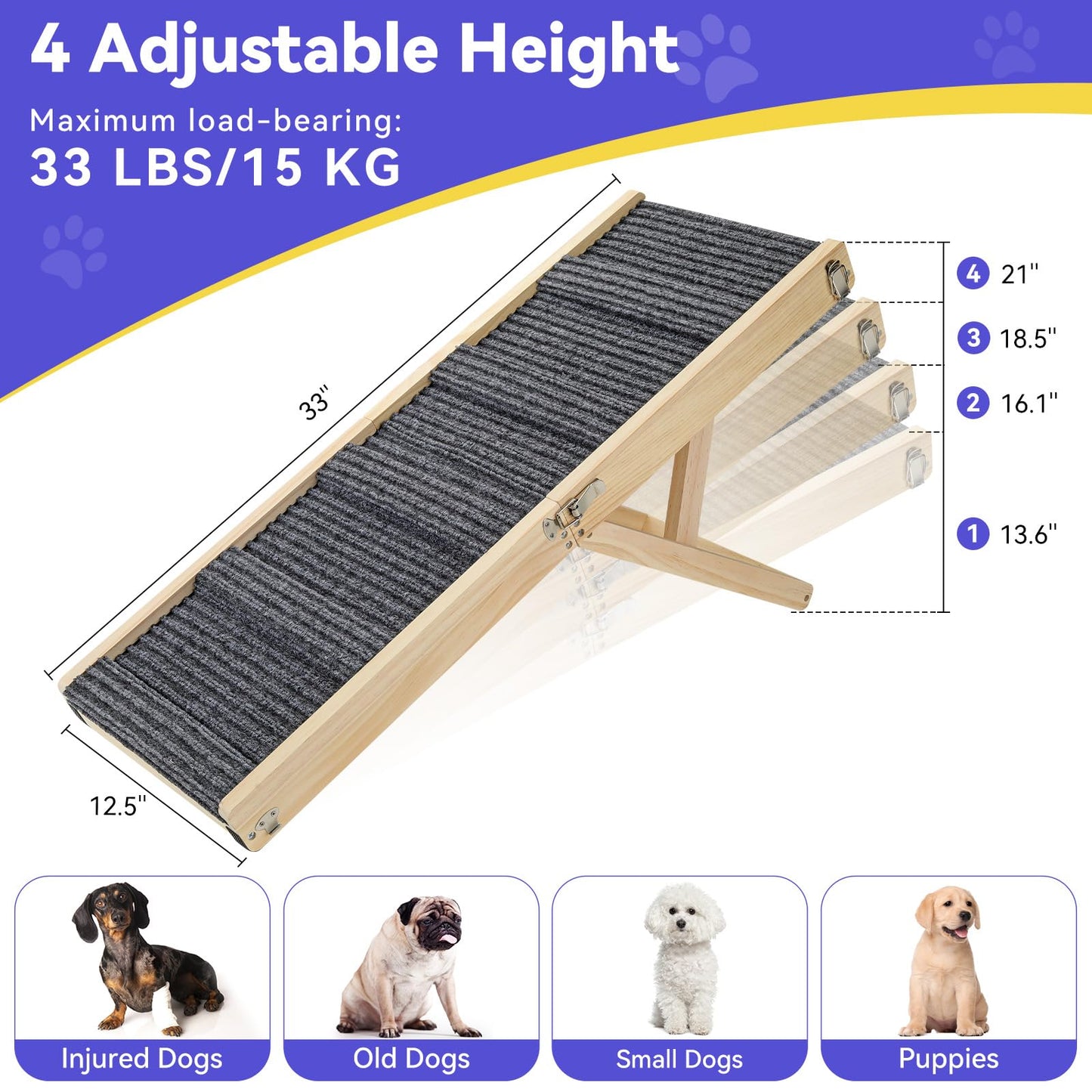 Dog Ramp for Couch & Bed, Foldable Pet Ramp with 4 Adjutable Nstable Heights (13"-21")