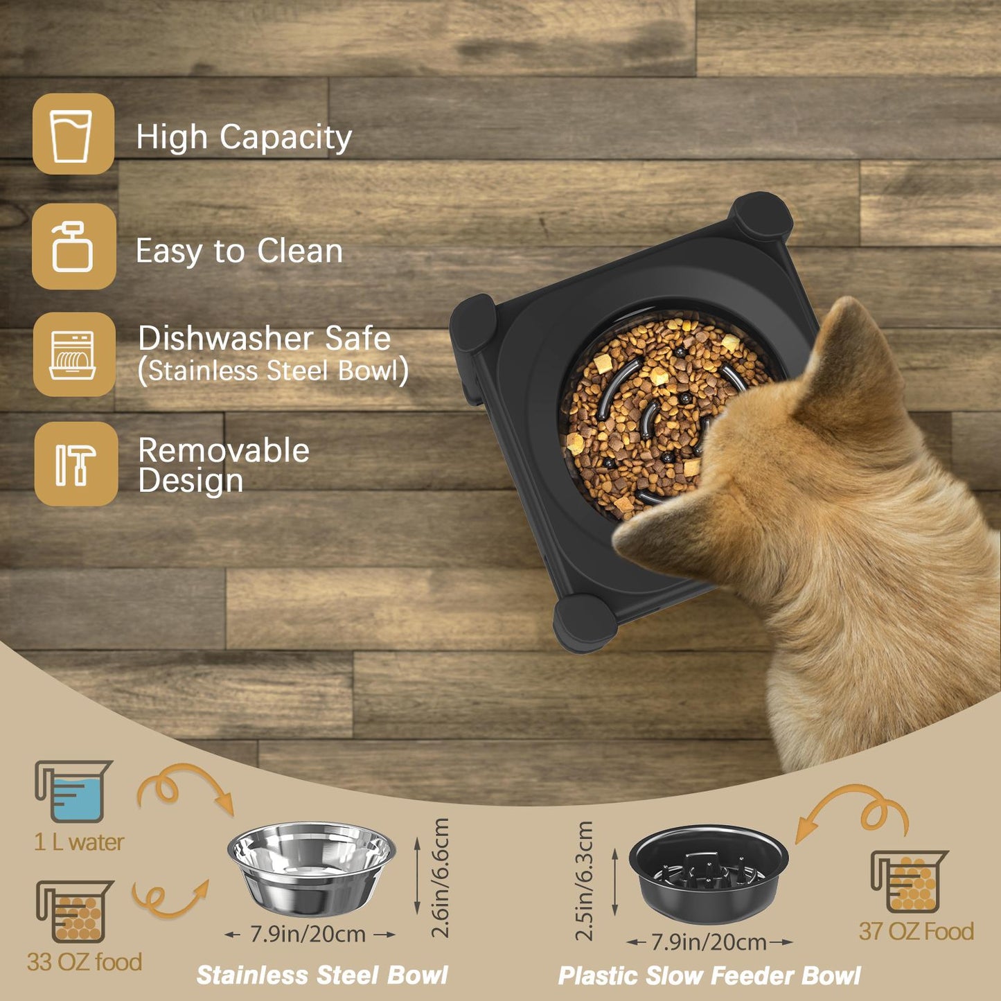 Elevated Slow Feeder Dog Bowls, Raised Dog Food Bowls with 3 Heights (6.1", 7.7", 9.3")