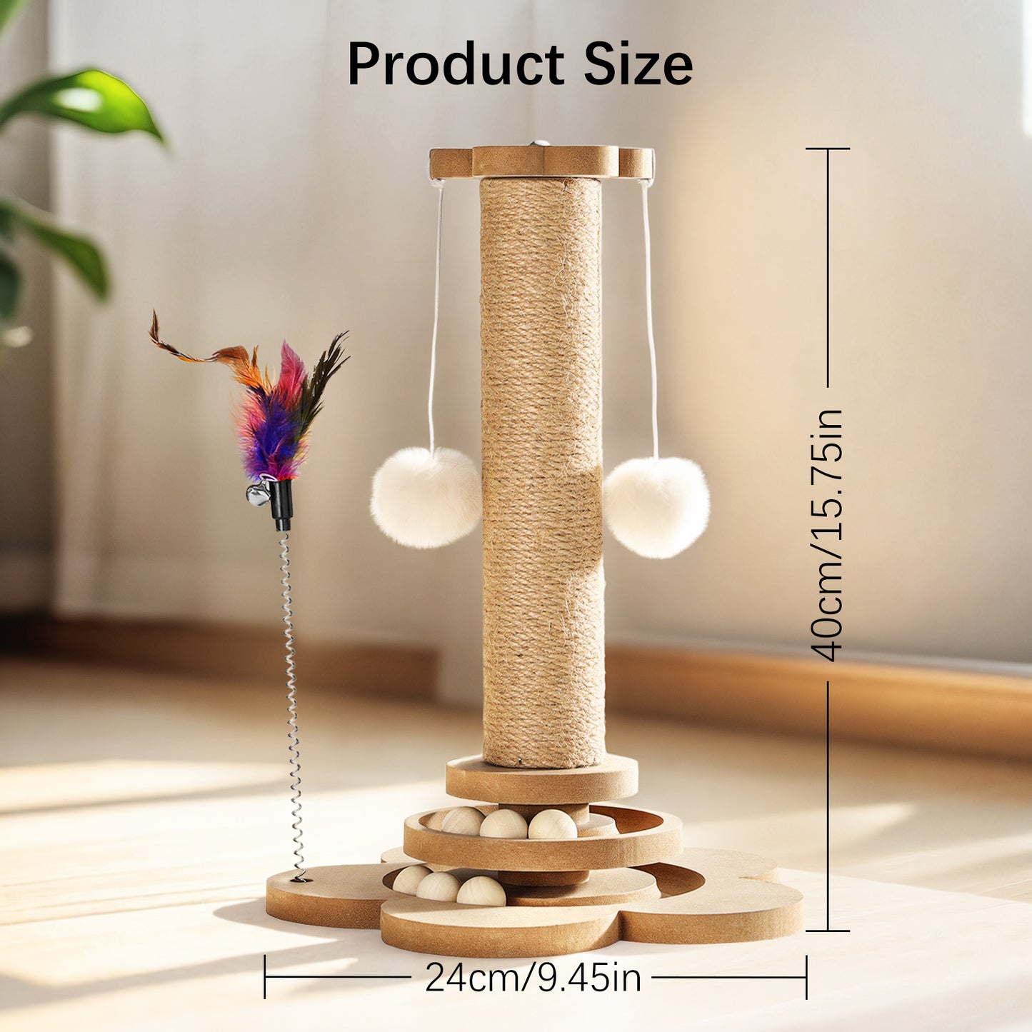 Pawaboo 4-in-1 Cat Scratching Post 9.45" – Sisal Scratch Tower with Hanging Ball & Track Balls