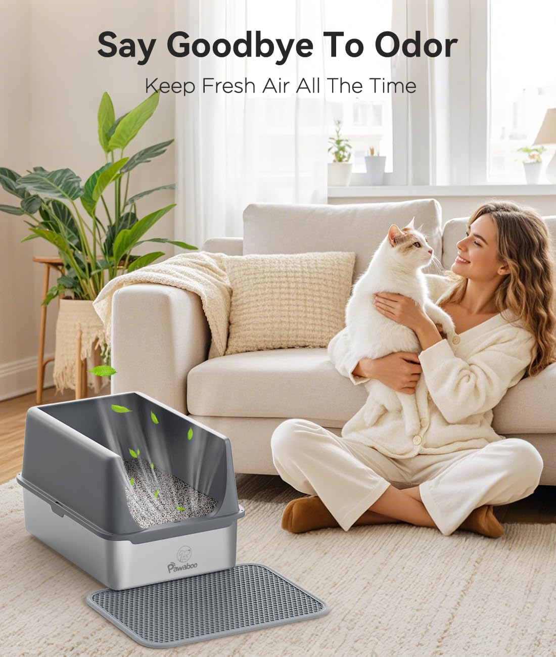 Pawaboo Stainless Steel Cat Litter Box with Lid, Large 24"x16"x13" High Sided Metal Litter Pan