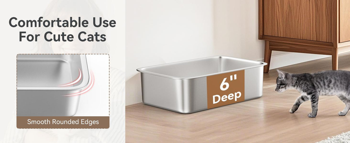 Pawaboo Stainless Steel Cat Litter Box with Lid, Large 24"x16"x13" High Sided Metal Litter Pan