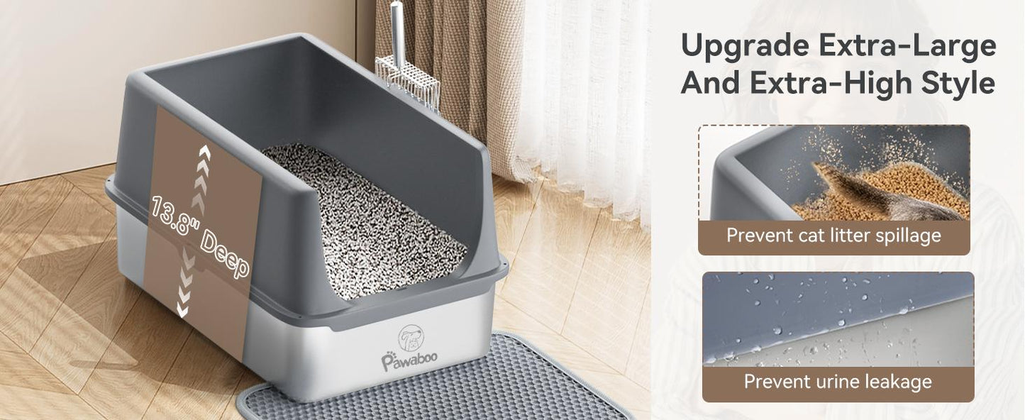 Pawaboo Stainless Steel Cat Litter Box with Lid, Large 24"x16"x13" High Sided Metal Litter Pan