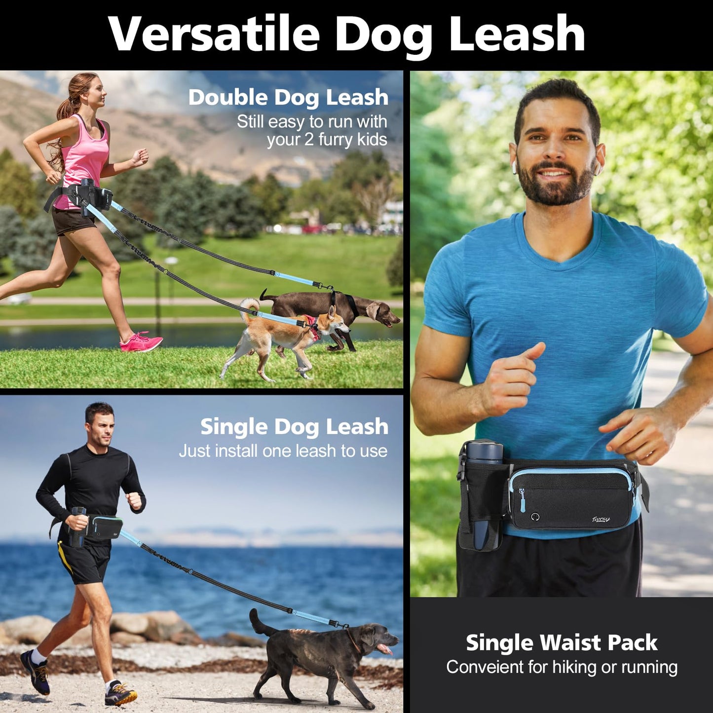 Hands-free dog leash for 2 dogs