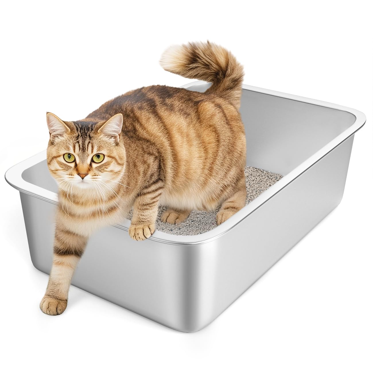 Pawaboo Stainless Steel Cat Litter Box with Lid, Large 24"x16"x13" High Sided Metal Litter Pan