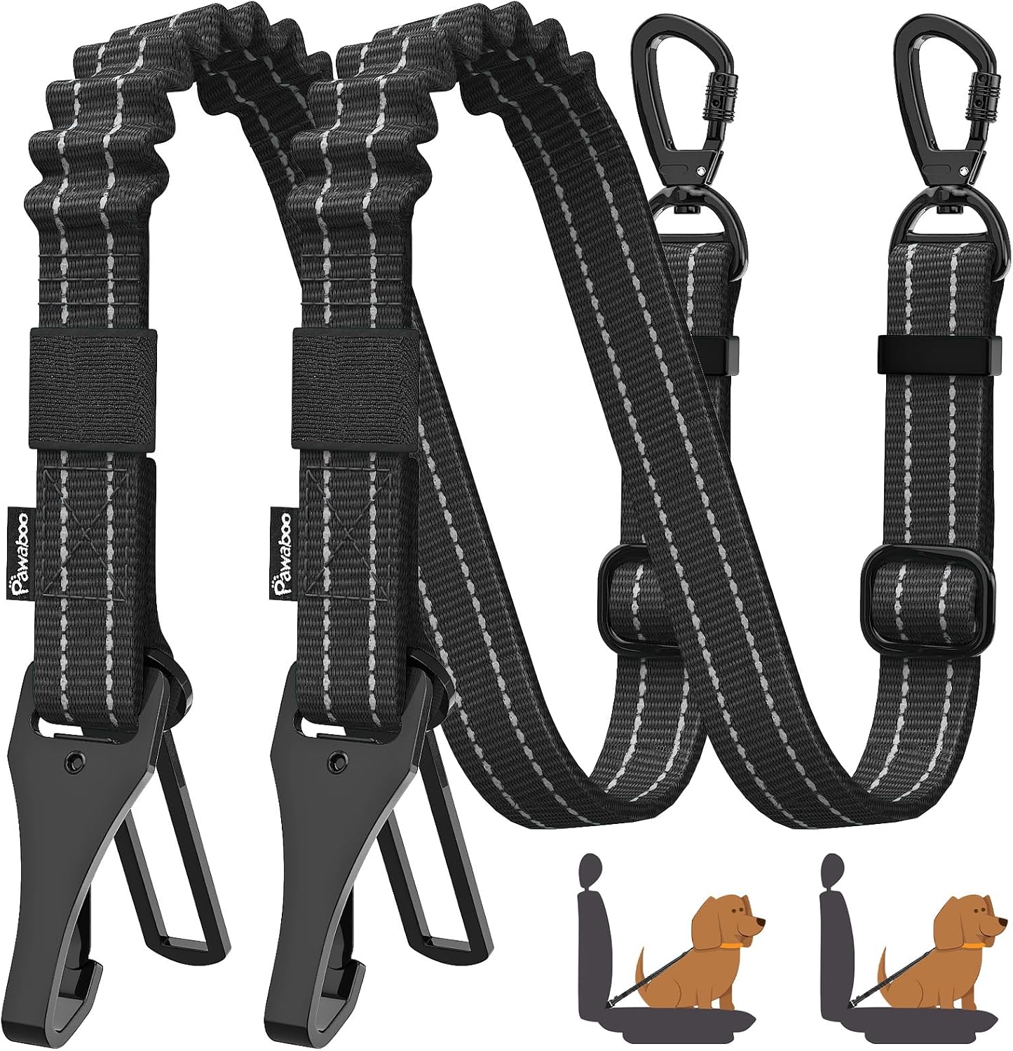 Pawaboo 2Pack Dog Seatbelt for Car, 3-in-1 Dog Car Seat Belt Bungee