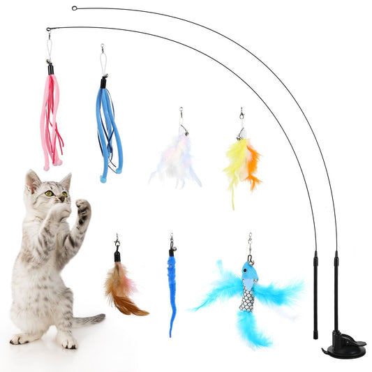 Pawaboo Cat Feather Toys, Interactive Wand with Suction Cup, 2 Spring Rods & 7 Teaser Refills