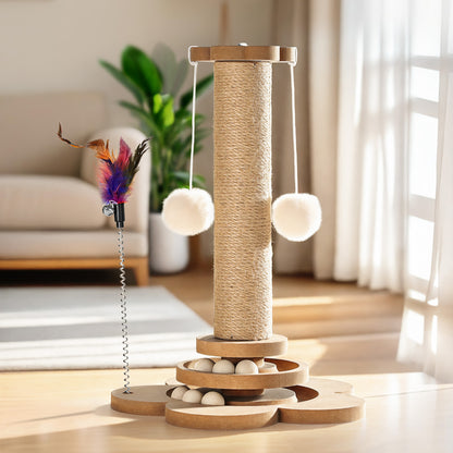 Pawaboo 4-in-1 Cat Scratching Post 9.45" – Sisal Scratch Tower with Hanging Ball & Track Balls