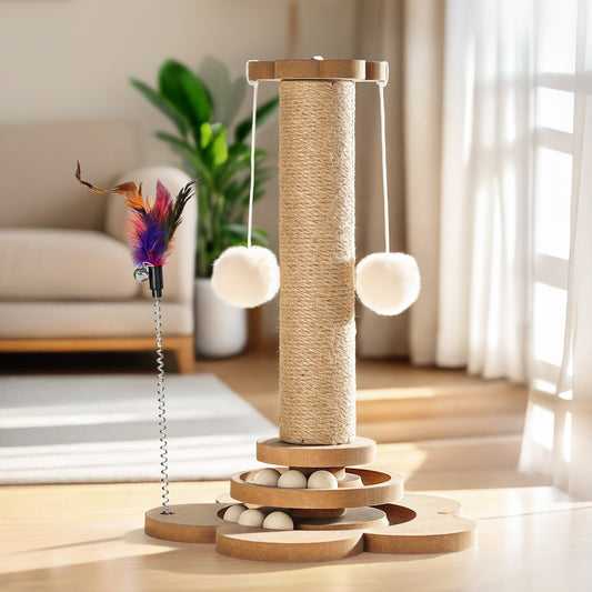 Pawaboo 4-in-1 Cat Scratching Post 9.45" – Sisal Scratch Tower with Hanging Ball & Track Balls