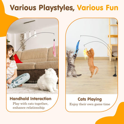 Pawaboo Cat Feather Toys, Interactive Wand with Suction Cup, 2 Spring Rods & 7 Teaser Refills