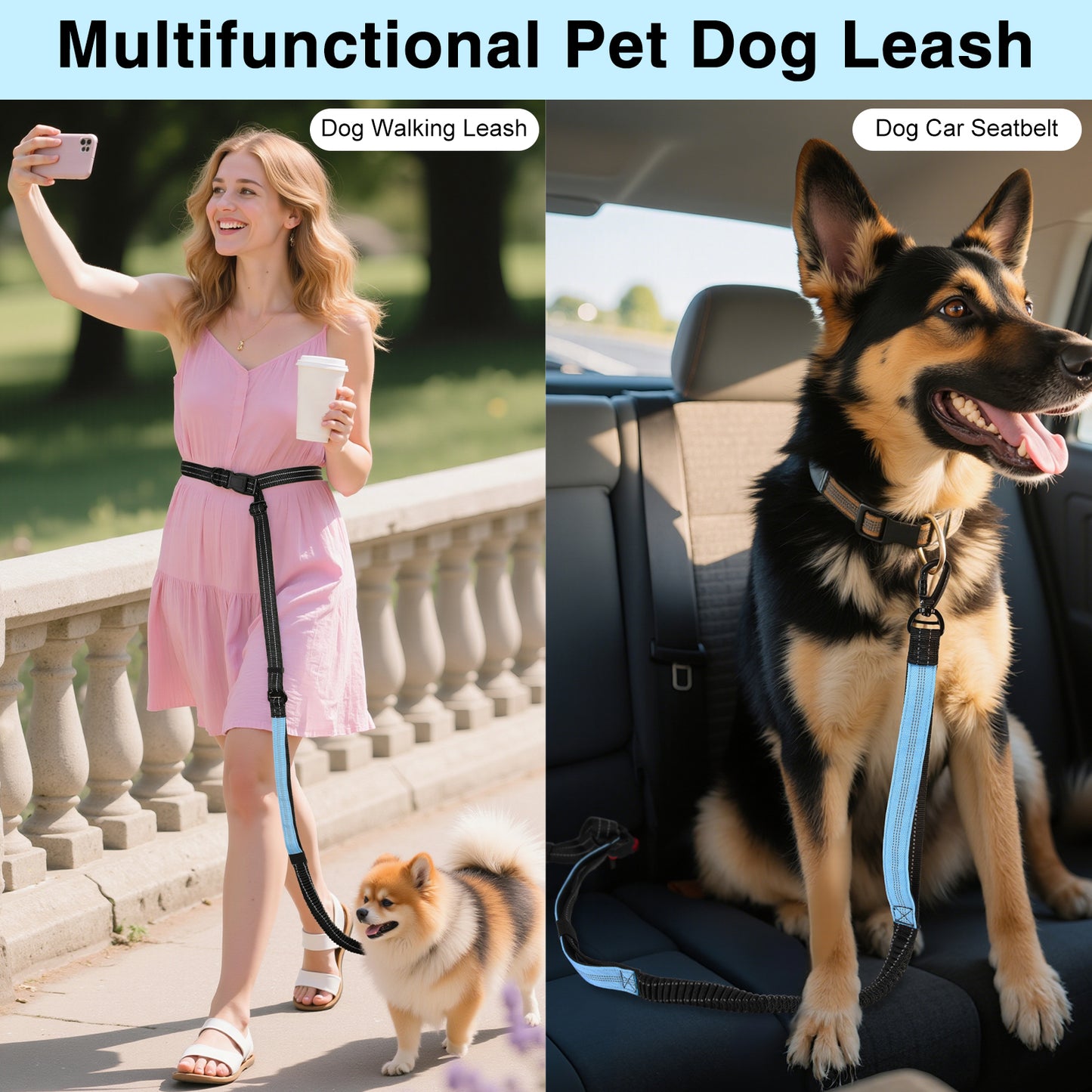 Pawaboo Hands-Free Dog Leash & Car Seatbelt Shockproof Bungee, Crossbody Design