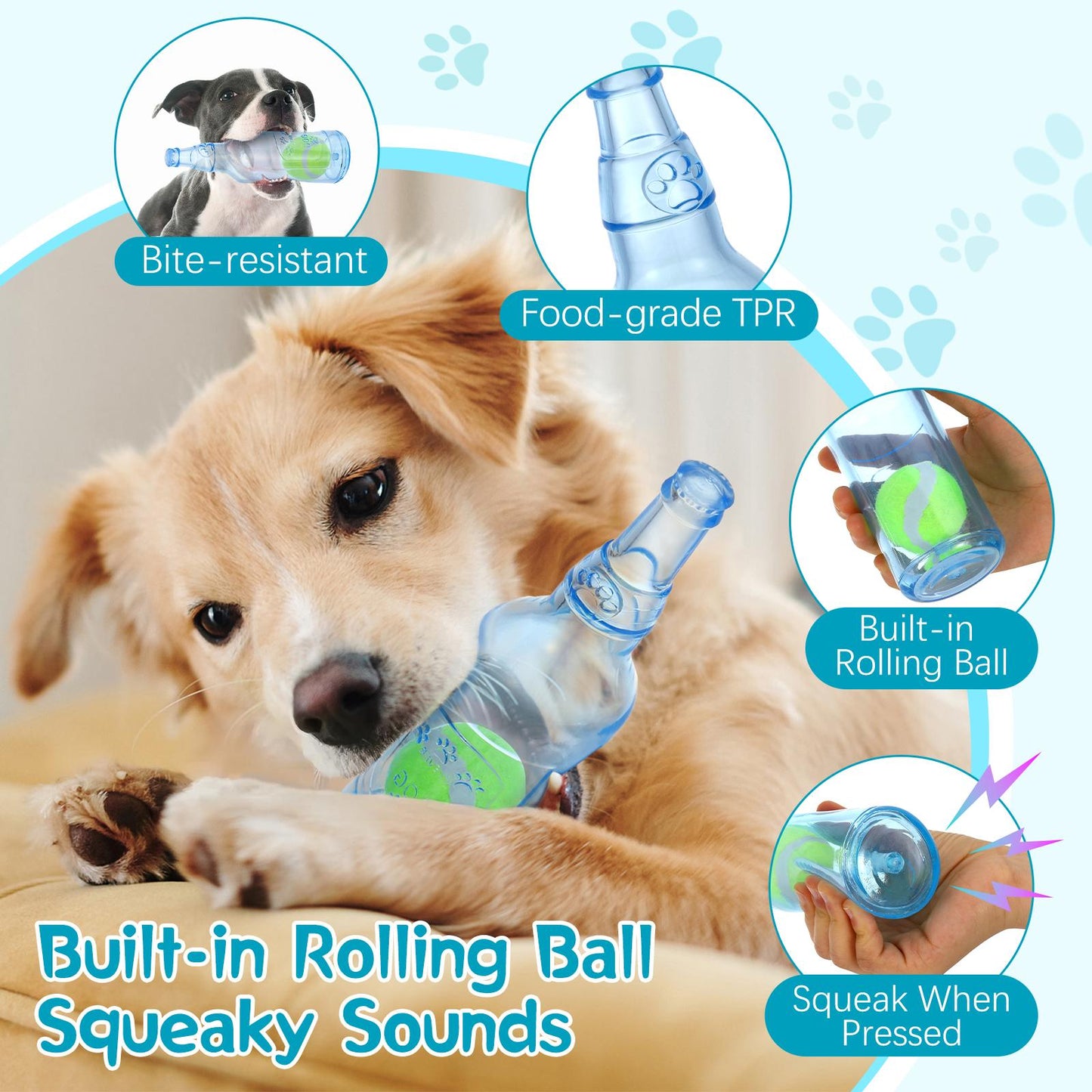 Pawaboo Blue Water Bottle with Tennis Ball & Squeaker, Durable Toy for Aggressive Chewers