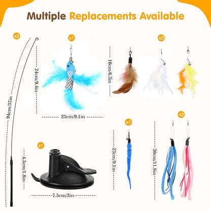 Pawaboo Cat Feather Toys, Interactive Wand with Suction Cup, 2 Spring Rods & 7 Teaser Refills