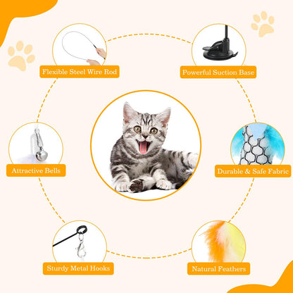 Pawaboo Cat Feather Toys, Interactive Wand with Suction Cup, 2 Spring Rods & 7 Teaser Refills