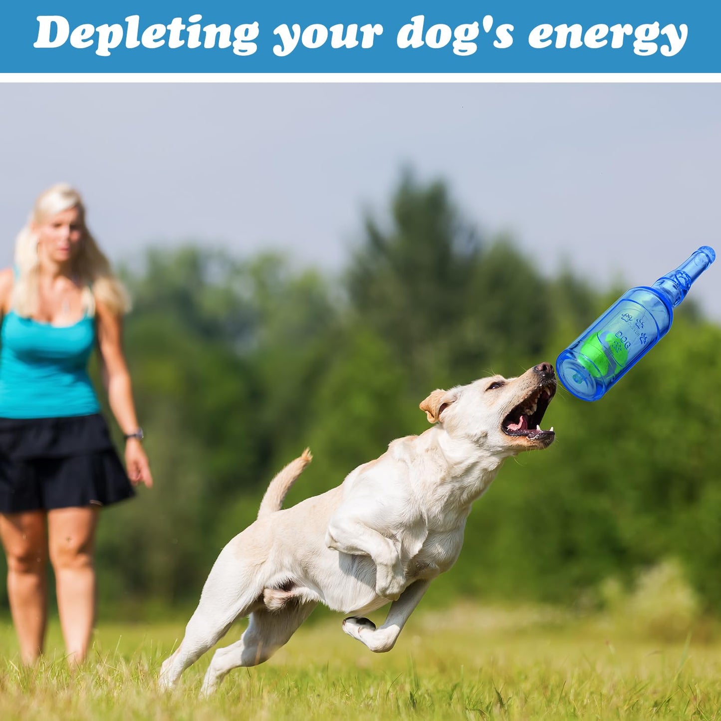 Pawaboo Blue Water Bottle with Tennis Ball & Squeaker, Durable Toy for Aggressive Chewers