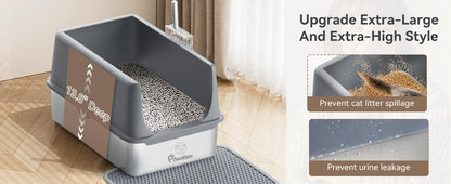 Pawaboo Stainless Steel Cat Litter Box with Lid, Large 24"x16"x13" High Sided Metal Litter Pan